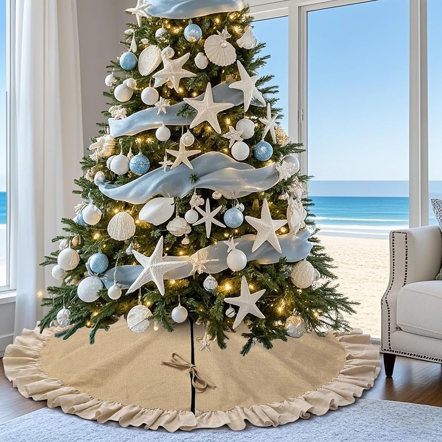 48" Burlap Fall Christmas Tree Skirt with Ruffle Border, Beach Farmhouse Tree Skirt Linen Rustic Tree Ornaments for Christmas Thanksgiving Holiday Party Decorations