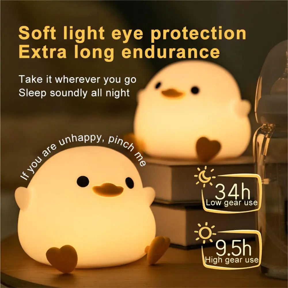 Cute Duck Silicone LED Night Light Dimmable Nursery Squishy Rechargeable Timing Cartoon Sleep Night Lamp for Baby Room Decor