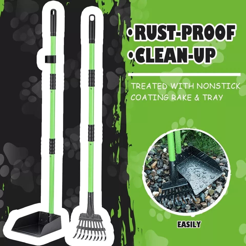 Pooper Scooper, Dog Pooper Scooper Long Handle Stainless Metal Tray and Rake Set