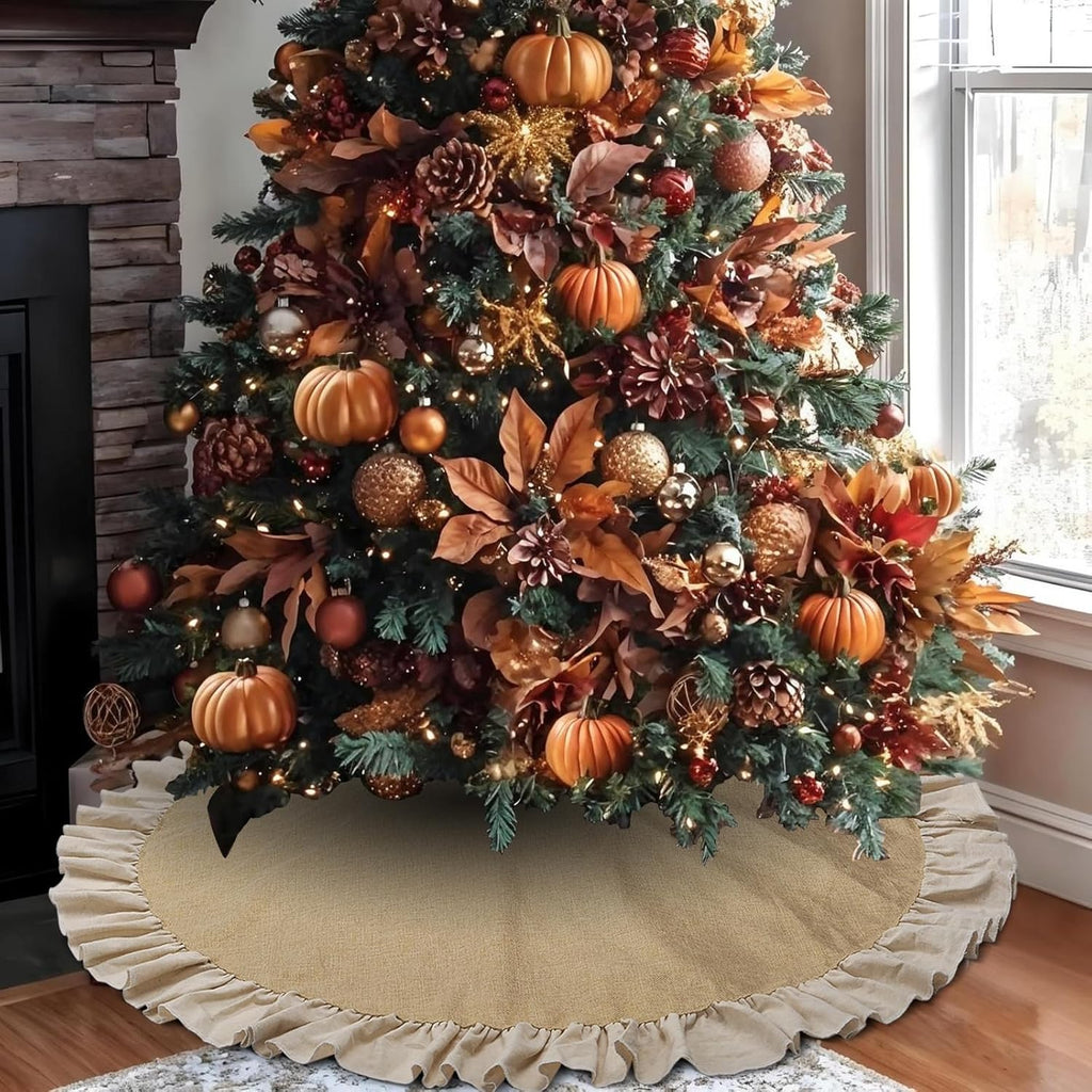 48" Burlap Fall Christmas Tree Skirt with Ruffle Border, Beach Farmhouse Tree Skirt Linen Rustic Tree Ornaments for Christmas Thanksgiving Holiday Party Decorations