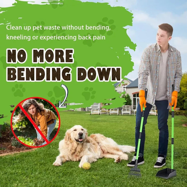 Pooper Scooper, Dog Pooper Scooper Long Handle Stainless Metal Tray and Rake Set