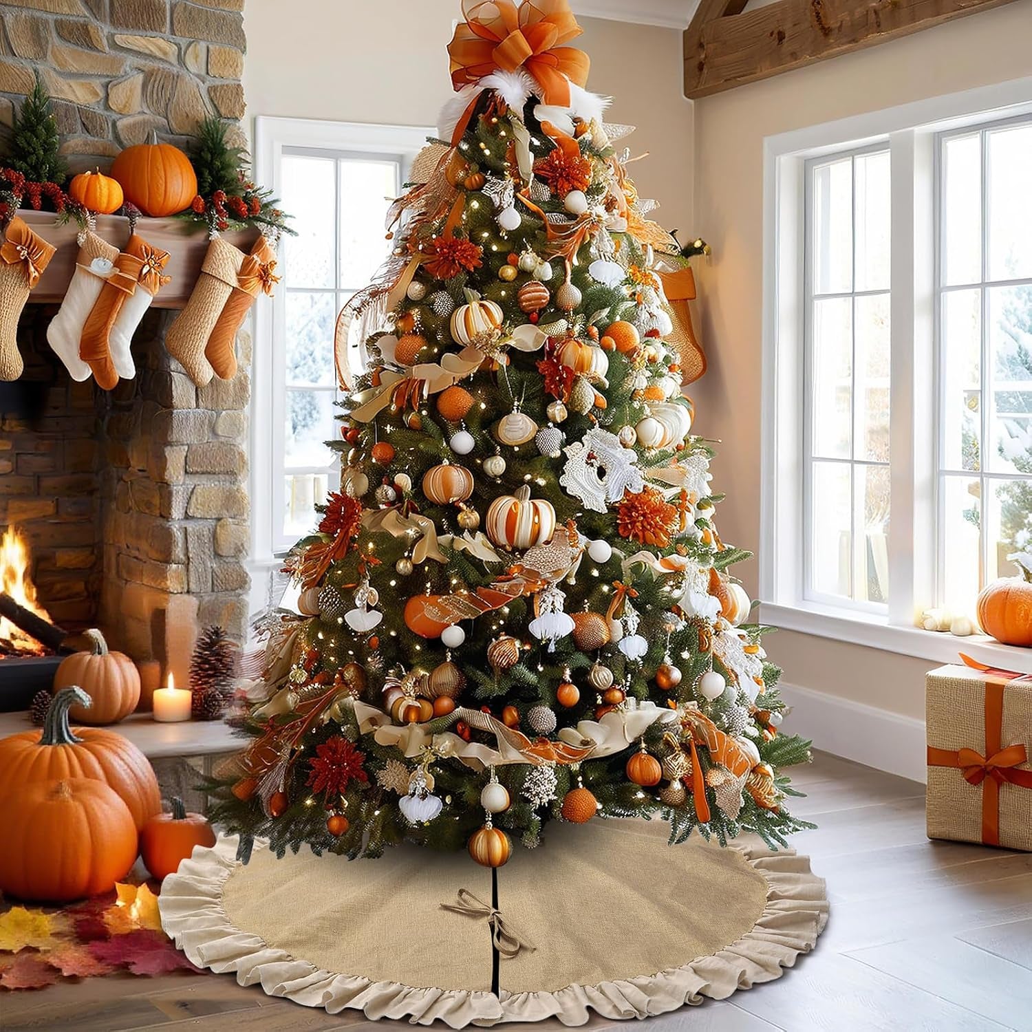 48" Burlap Fall Christmas Tree Skirt with Ruffle Border, Beach Farmhouse Tree Skirt Linen Rustic Tree Ornaments for Christmas Thanksgiving Holiday Party Decorations