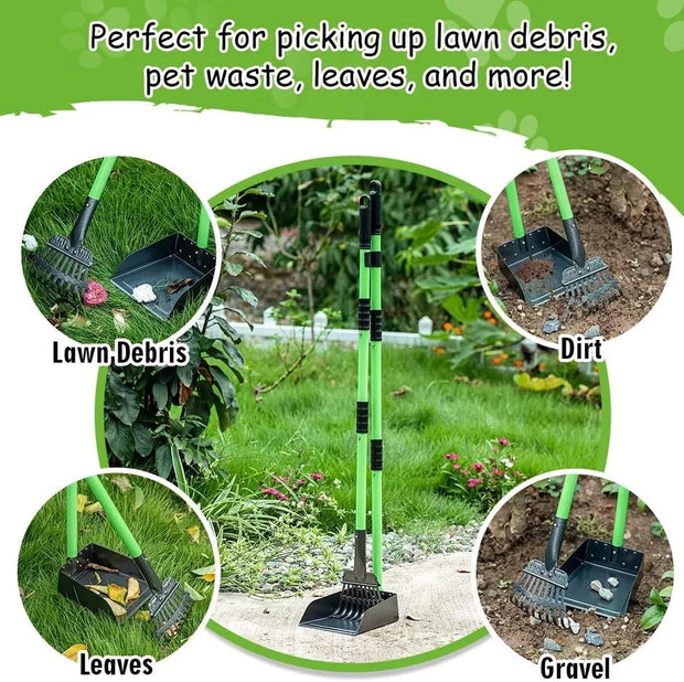 Pooper Scooper, Dog Pooper Scooper Long Handle Stainless Metal Tray and Rake Set
