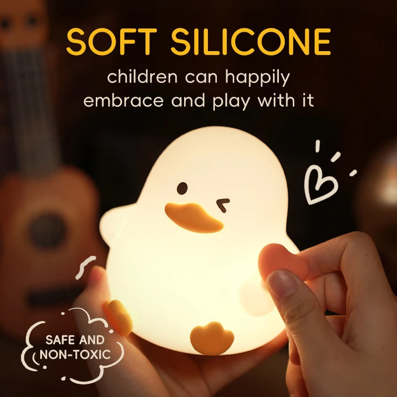 Cute Duck Silicone LED Night Light Dimmable Nursery Squishy Rechargeable Timing Cartoon Sleep Night Lamp for Baby Room Decor