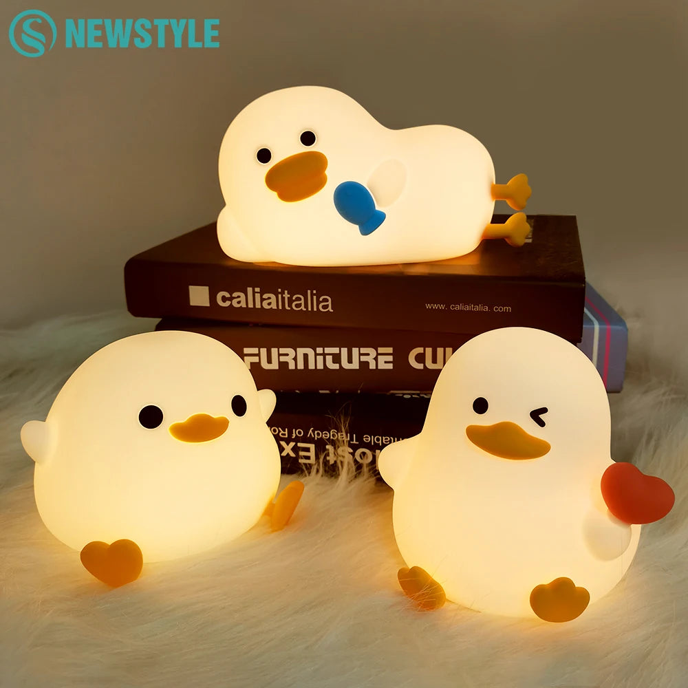 Cute Duck Silicone LED Night Light Dimmable Nursery Squishy Rechargeable Timing Cartoon Sleep Night Lamp for Baby Room Decor