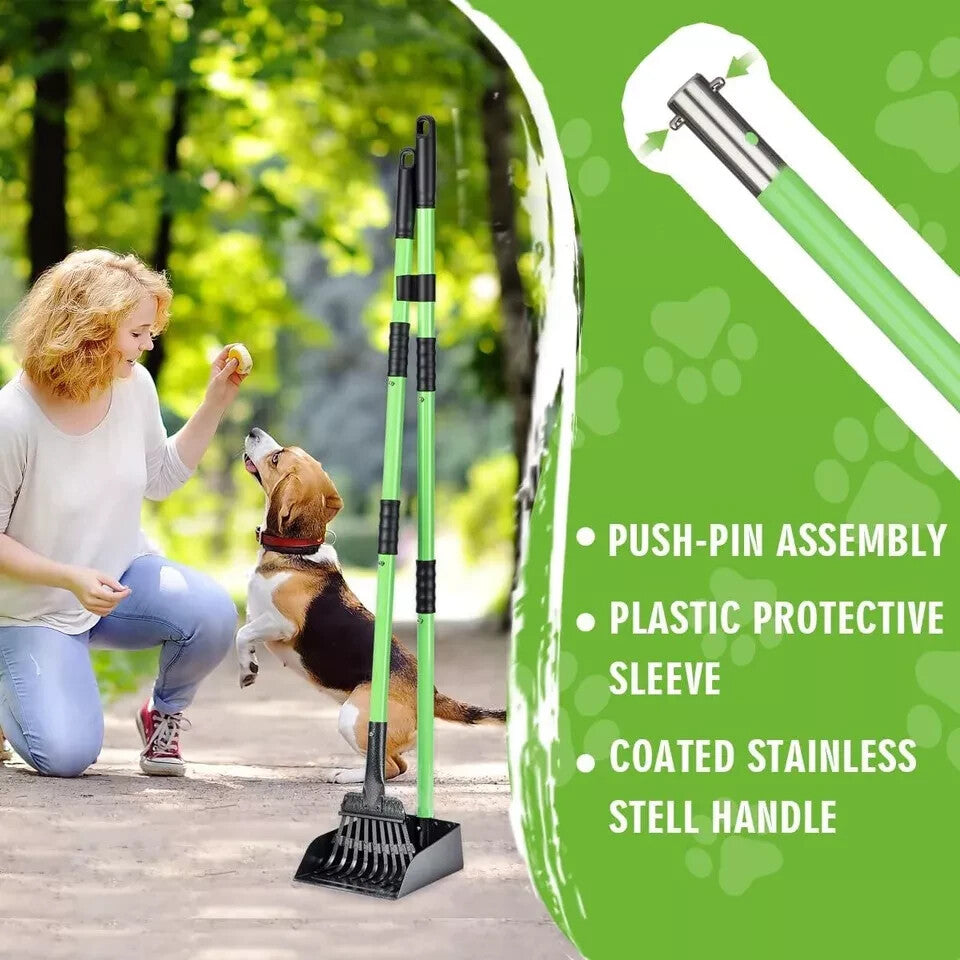 Pooper Scooper, Dog Pooper Scooper Long Handle Stainless Metal Tray and Rake Set